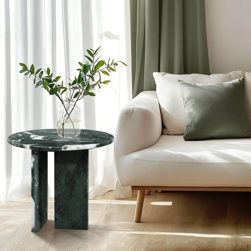 18" Modern Round Green Natural Marble Side Table for Bathroom and Livingroom