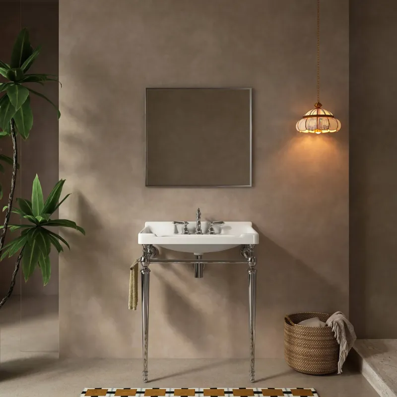 28 inch white ceramic sink with chrome metal legs