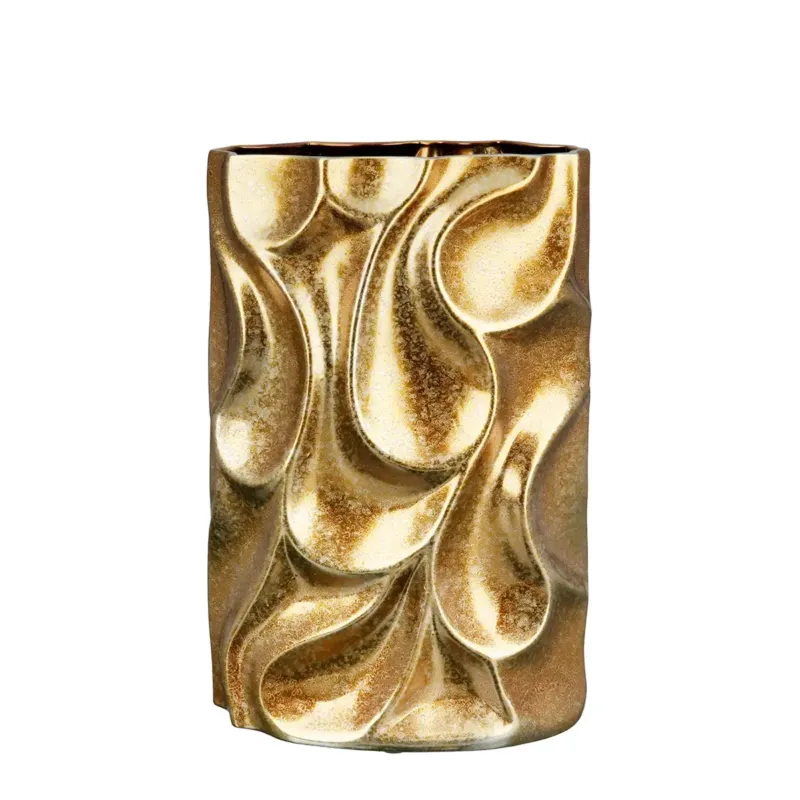 Vase – Goldene Keramik, Antike Oberfläche, Rechteckige Form, 36cm Höhe - Relief | Gilde