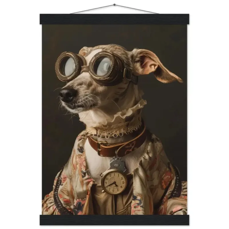 Schoolposter - Sloughi-Hund, beiger Mantel, florale Details, goldene Taschenuhr | St Tropez Art