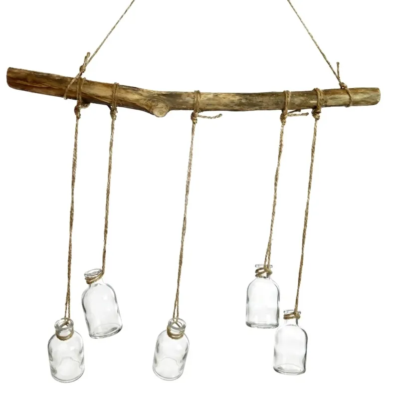 Hängedeko Ast mit 5 Gläsern Holz Glas Jute 58 cm Hängevase Wanddeko Fensterdeko Blumenhalter