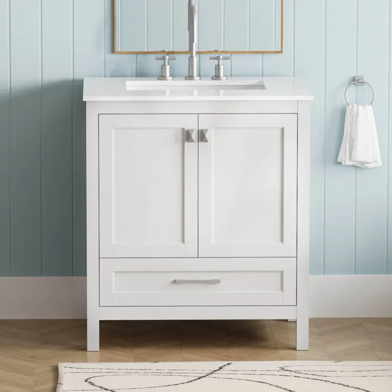 30 inch white bathroom vanity with engineered stone countertop
