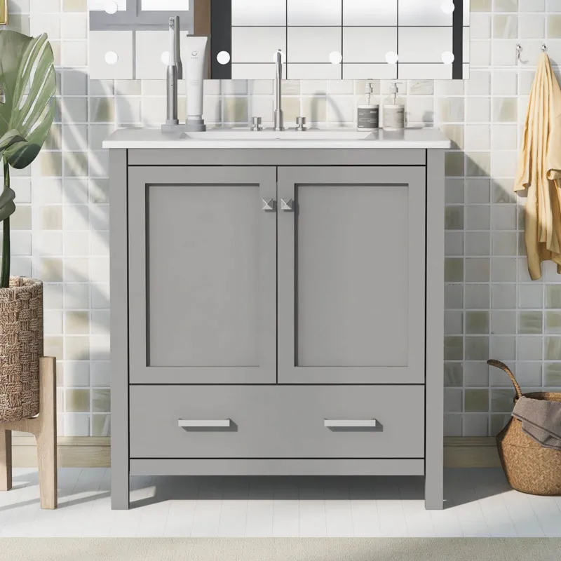 30 inch Gray Bathroom Vanity with Built-In Shelf