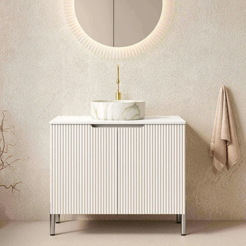 30 inch White Freestanding Vanity with Stone-Patterned Vessel Sink
