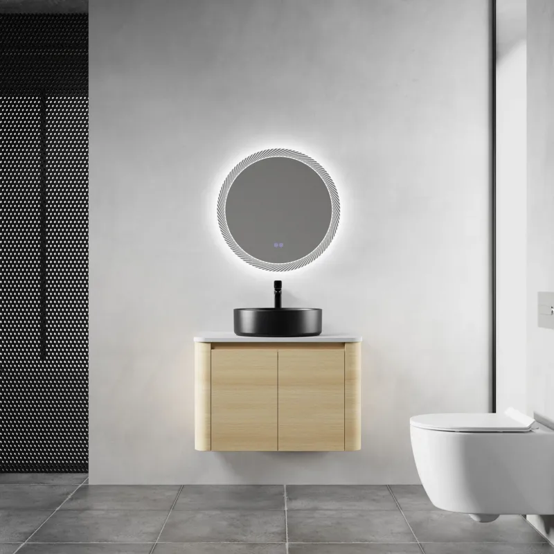 30 inch White Oak Bathroom Vanity with Black Ceramic Vessel Sink