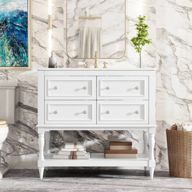 36" White Vintage Bathroom Vanity with Open Bottom, Including Sink