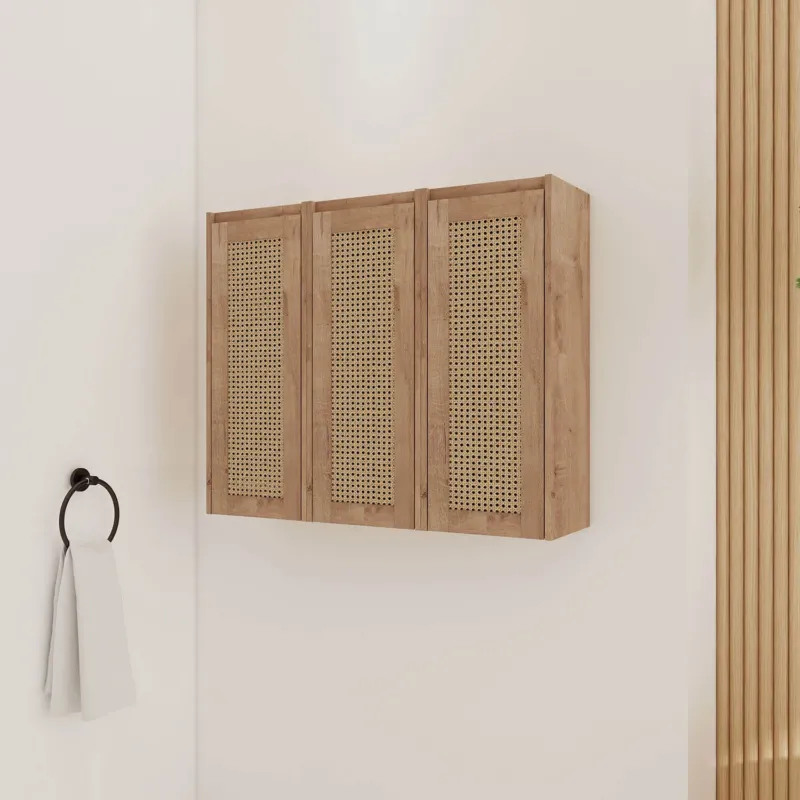 36-inch White Oak Bathroom Wall Cabinet with Rattan Door and Shelves