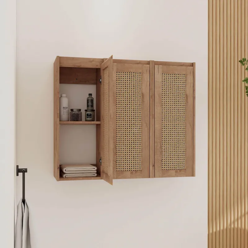 36 inch White Oak Bathroom Wall Cabinet-Rattan Door and Shelves