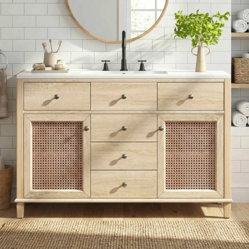 48 inch natural Wood bathroom vanity with ceramic sink closed front view in modern white bathroom