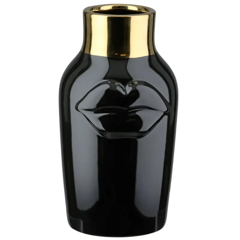 Vase – Schwarze Keramik, Glasierte Oberfläche, Goldenes Mundmotiv - Mouth | Gilde