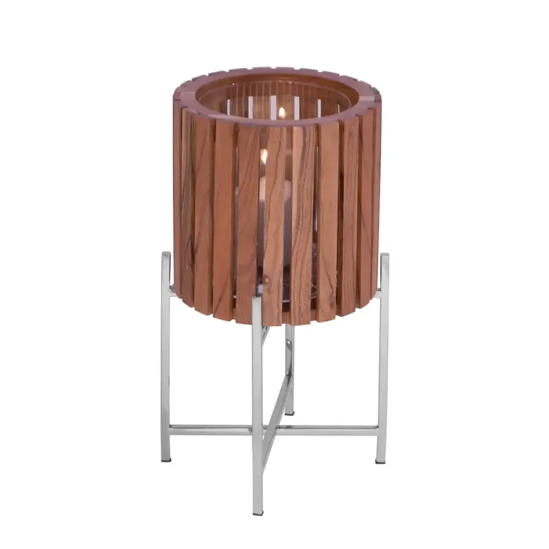 Übertopf – Braunes Holz, Silberfarbener Edelstahl, Hohe Form, 43 cm - Berkley | Gilde