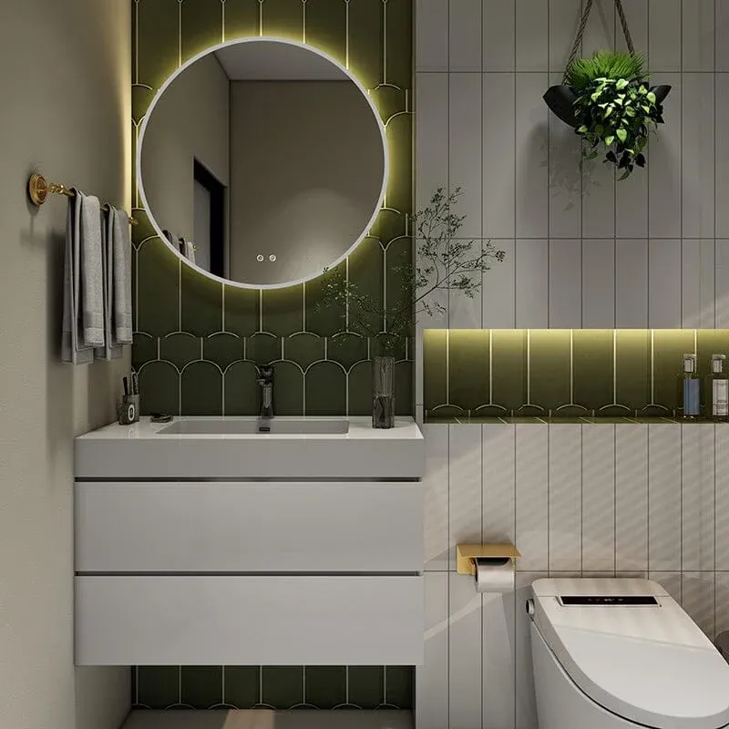 36" White Bathroom Vanity with Sink Wall-Mounted Floating One-Piece Sink Cabinet