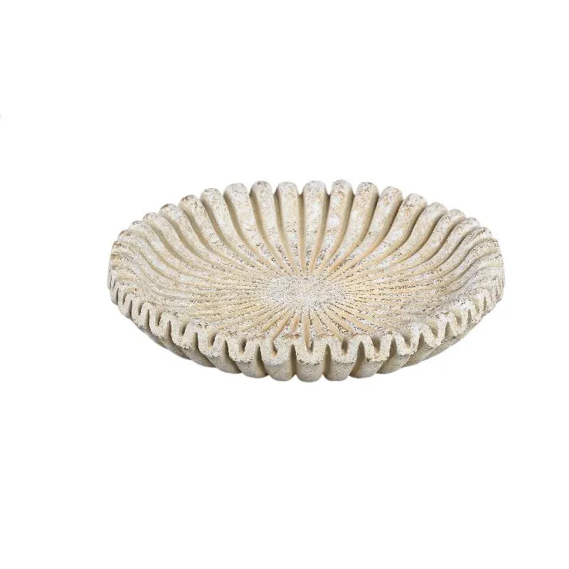 Tablett – Creme Zement, Runde Form, Gerippte Struktur, M - Raffay | PTMD