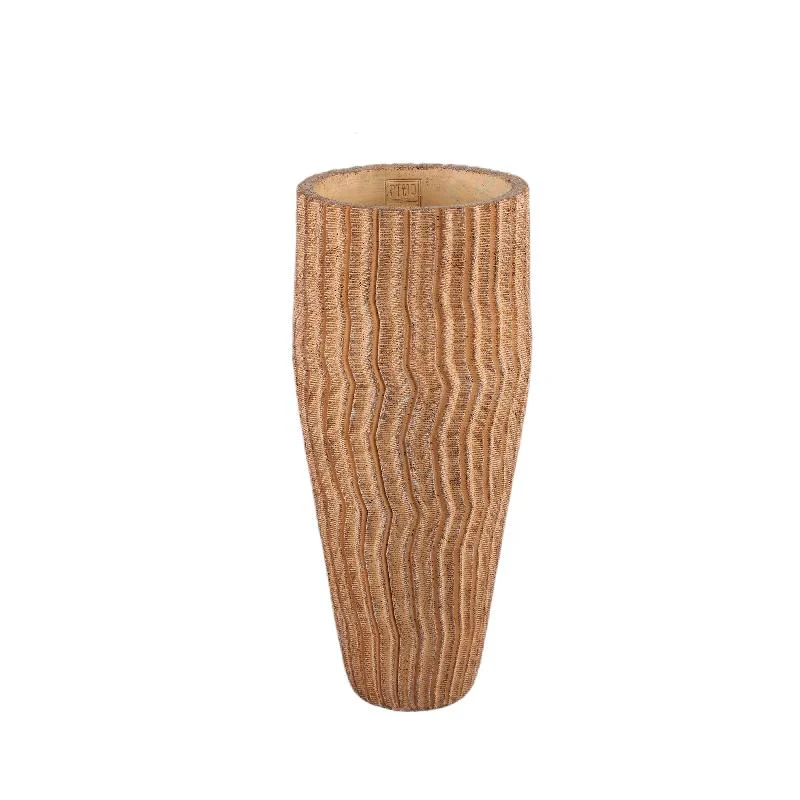 Blumentopf - Hoher runder Zement, Rillenmuster, Hellbraun, M – Zanaya | PTMD