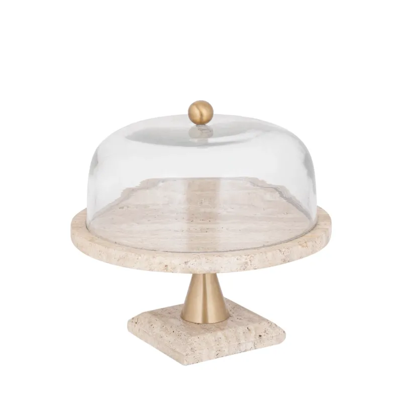 Glasglocke - Glas, Travertin-Marmor-Sockel, Metallgriff, runde Form, Gold, L – Lyron | PTMD