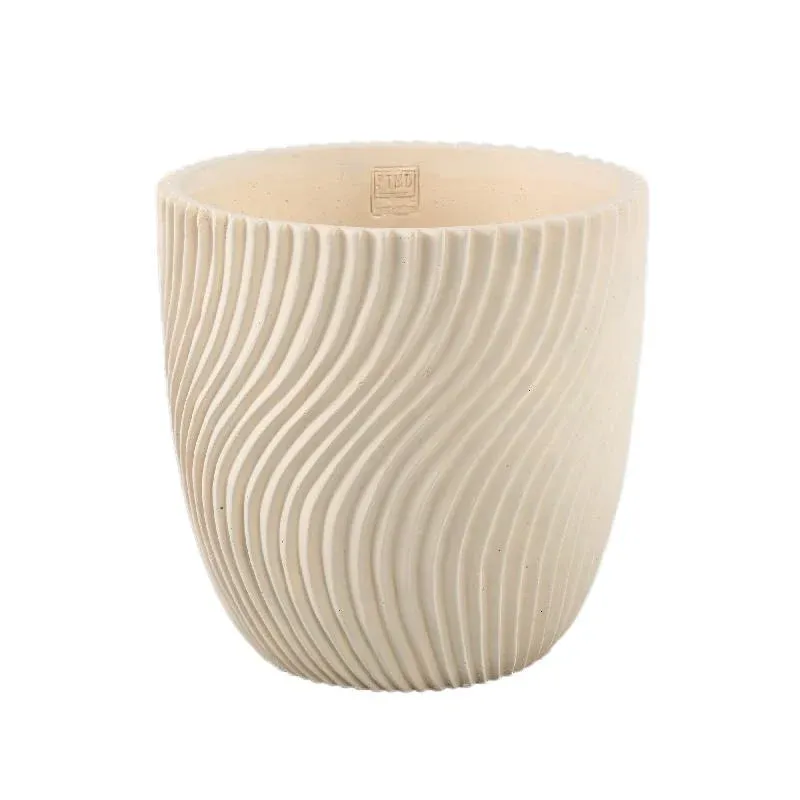 Blumentopf – Runde Form, Linienmuster Design, Creme Oberfläche, Zement Material, XL – Lianna | PTMD