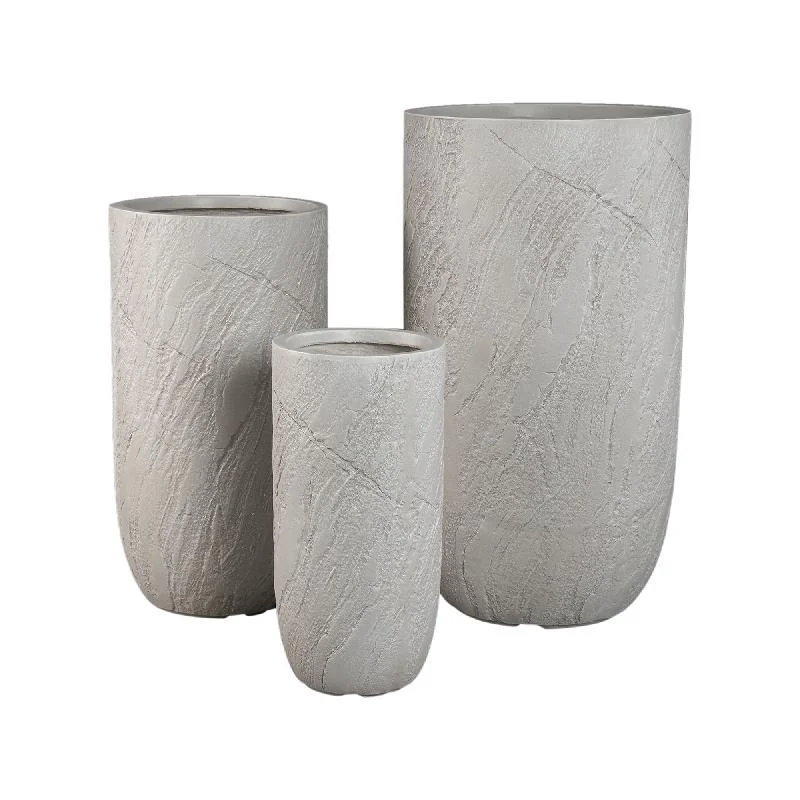 Topf – Steinoptik Design, Runde Form, Faserzement Material, Beige, Hoch – Berwin | PTMD