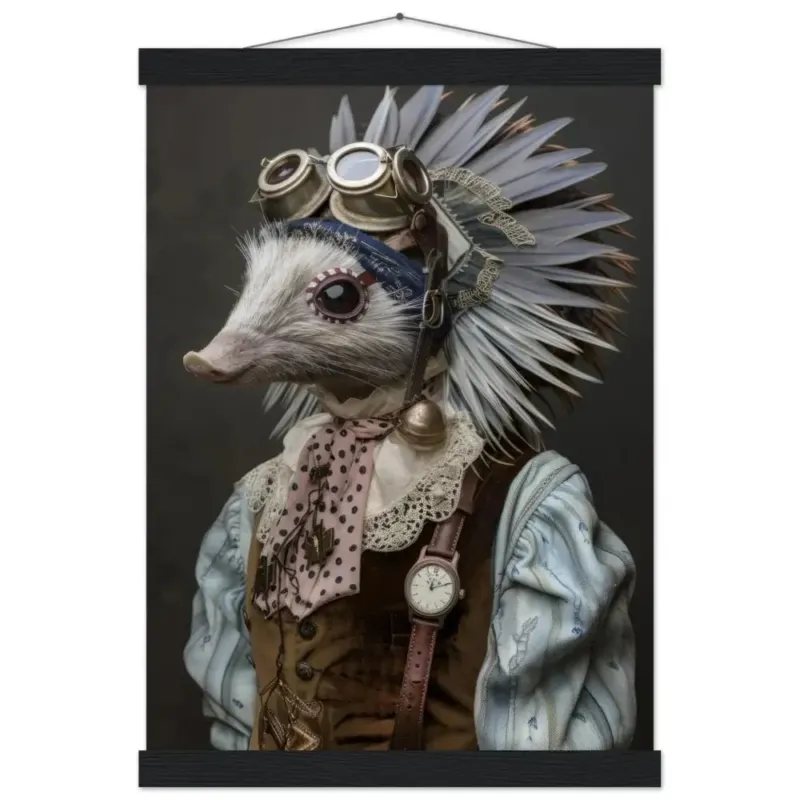 Schoolposter - Stachelschwein-Hund, Samtmantel Braun, blaue Akzente, silberne Taschenuhr | St Tropez Art