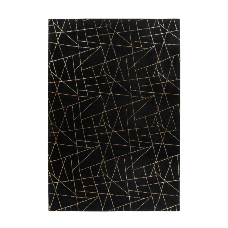 Teppich – Geometrisches Muster, Goldene Linien, Schwarzer Grundton, 120 x 170 cm - Bijou 125 | Kayoom