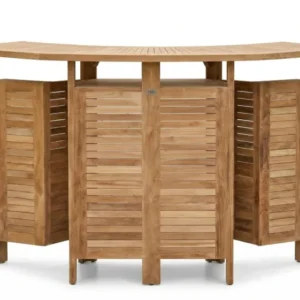 Gesamtansicht der Bar Gartenbar Hausbar Poolbar in Teak mit geschwungener Theke und Lamellenfronten.