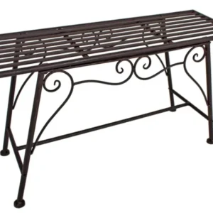 Gesamtansicht der Gartenbank LORIN dunkelbraun lackiert, Rost-Optik mit Metallgestell und durchbrochener Sitzfläche.