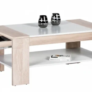 Couchtisch FINLEY PLUS 100 x 58 in Sonoma Eiche mit weißer Tischplatte, Schublade und Ablage in Gesamtansicht.