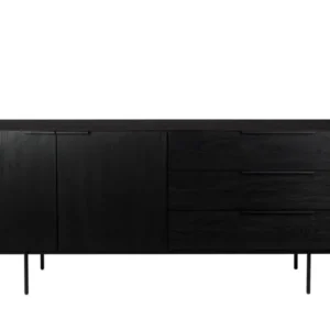Sideboard TRAVIS BLACK OAK in Schwarz mit zweiteiliger Türfront links und drei Schubladen rechts, auf schlanken Metallbeinen.