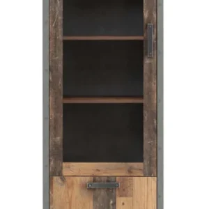 Vitrine CLIF 2-trg. mit Glasvitrine oben und Schrankteil unten, Old Wood Vintage Front und Betonoptik-Seitenflächen.