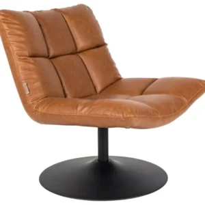 Lounge Sessel BAR VINTAGE BROWN mit cognacbraunem Kunstlederbezug und schwarzem Drehfuß, Gesamtansicht.
