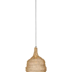 Pendelleuchte Hängelampe LENA M Messing mit gewebtem Lampenschirm in Naturbeige und Messingkopfanschluss, Gesamtansicht.