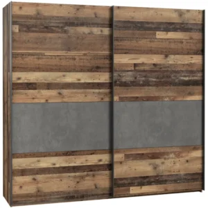 Forte Schwebetürenschrank CLIF 220 cm mit zwei Schiebetüren in Old Wood Vintage und dunkelgrauer Betonoptik.