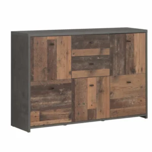 Kommode BEST CHEST K233 5-trg. mit 2 Schubladen in Old Wood Vintage Optik, Frontansicht mit grauem Korpus.