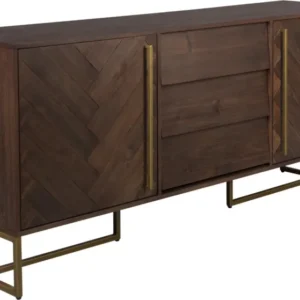 Sideboard Anrichte CLASS HIGH aus Akazie mit Herringbone-Muster, drei Türen und Metallbeinen in Gesamtansicht.