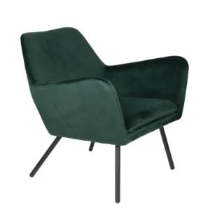 Retro Sessel BON Velvet Green in Grün mit geschwungener Rückenlehne und schwarzen Beinen in Gesamtansicht.