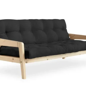 Sofabett Schlafsofa GRAB mit Kiefergestell und schwarzem Polster in Gesamtansicht von vorne.