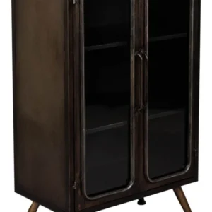 Vintage Metall Schrank DENZA von DutchBone mit zwei Glastüren und Metallbeinen in Gesamtansicht.