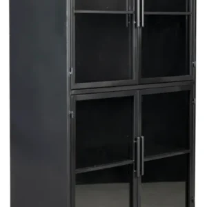 Schwarze Vintage Vitrine Kommode FERRE L mit sechs Glastüren und schwarzen Metallrahmen, Gesamtansicht.