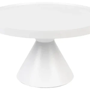 Runder Couchtisch FLOSS WHITE mit weißer Aluminiumguss-Tischplatte und konischer Sockelbasis in Gesamtansicht.
