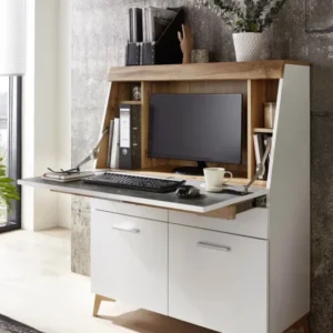 SECRET Sekretär in Weiß mit Eiche Altholz, Gesamtansicht mit ausgeklappter Schreibplatte und Monitor in der Nische.