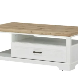 Couchtisch Wohnzimmertisch JASMIN in Gesamtansicht mit Artisan-Eiche-Platte, weißem Gestell und einer Schublade.