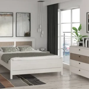 MOONDUST Schlafzimmer-Set 4-tlg. mit 180er Bett, Nachttisch und Kommode in Schneeeiche Geflechtoptik in Gesamtansicht.