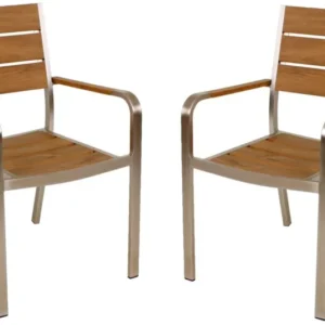 Stapelstuhl FLORENCE 2er Set mit Aluminiumgestell champagner und Teak-Optik Sitzfläche in Gesamtansicht.