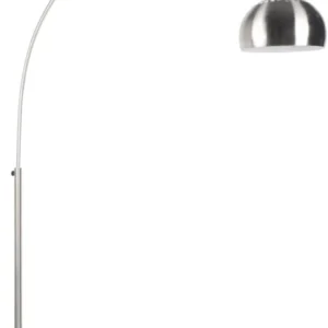 Stehlampe Bogenlampe METAL BOW mit gebürstetem Metallgestell und halbkugelförmigem Schirm in Gesamtansicht.