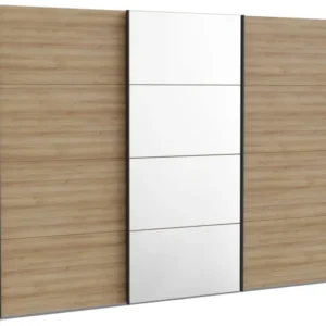 Kleiderschrank HIGH ROCK in Riviera Eiche Optik mit drei Schwebetüren, zwei Holztüren seitlich und mittlere Spiegeltür.