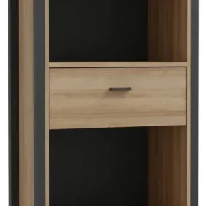 Regal Bücherregal HIGH ROCK in Riviera Eiche und Schwarz mit Schublade, offenen Fächern und Metallbeinen.