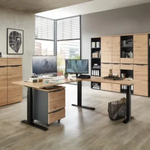 Komplettbüro MEMPHIS X 9-teilig mit Schreibtisch, Rollcontainer und Sideboard in Artisan Eiche und Graphit.