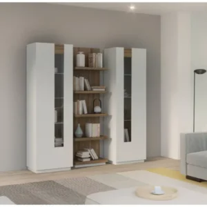 Schrankset LEWISVILLE Wohnwand 3-tlg in Secret Grey und Valencia Oak mit offenen Holzfächern in der Mitte, Gesamtansicht.