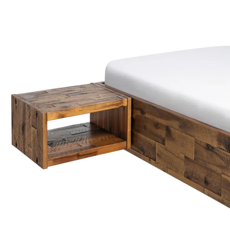 Nachtkommode JAGO Nachttisch Akazie von Hasena Industrial-Loft aus Holz mit offener Ablage, Gesamtansicht neben einem Bett.