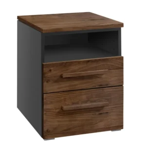 Nachtkommode DOWE Nachttisch 2 Schubladen Front Nussbaum geölt in Gesamtansicht mit grauem Korpus und Holzplatte.