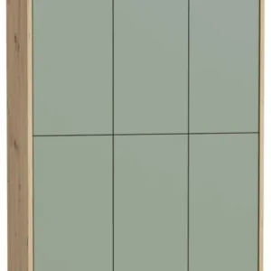 Schrank ALICE SPRINGS 6-trg Artisan Eiche mit Secret Grey / Sage Green, Gesamtansicht mit sechs graugrünen Türfronten.